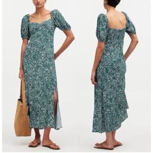 Madewell Puff-Sleeve Sweetheart Midi Dress Green White Floral Print Slit 4